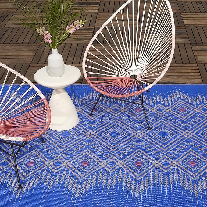 Fab Habitat Outdoor Rug - Waterproof, Fade Resistant, Crease-Free, Reversible - Premium Recycled Plastic - Boho Southwestern - Large Patio, Deck, Sunroom, Camping, RV - Jodhpur - Multi Blue - 6 x 9 ft