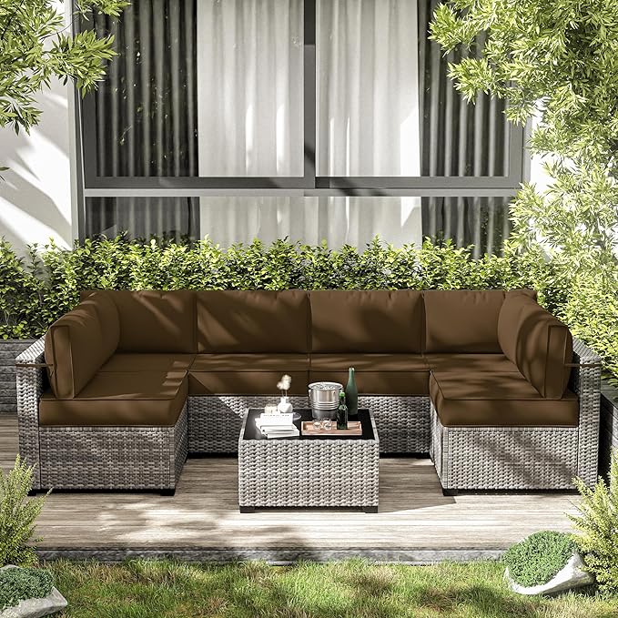 14-Piece Outdoor Cushions for Patio Furniture Thick Outdoor Chair Cushions 5" Foam High-Density Water-Resistant Deep Seat Cushion for 6-Seat Sectional Sets Liner&Cover Chocolate