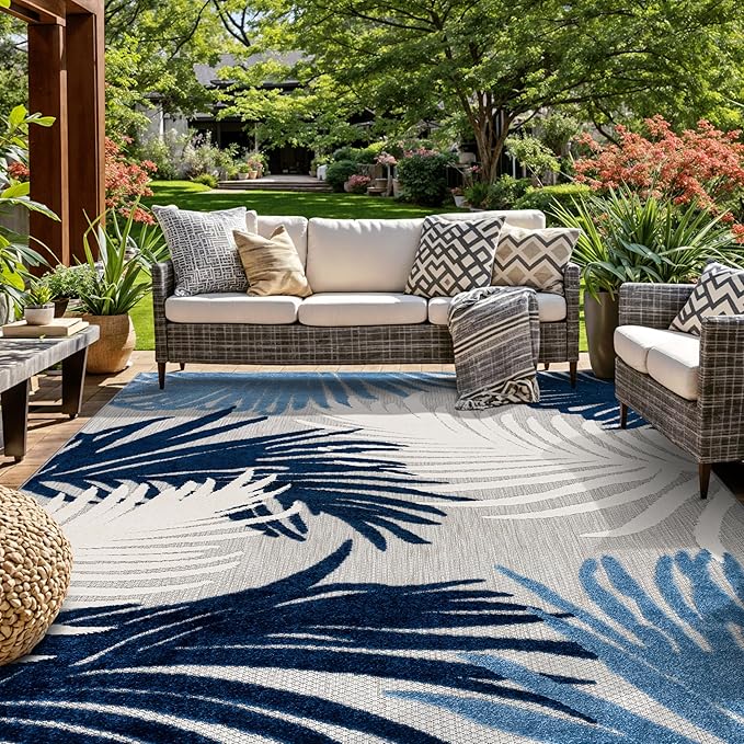 Rugshop Navy Lucca Contemporary Floral Indoor/Outdoor Area Rug Durable Polypropylene, Weather Resistant, Easy to Clean for Backyard, Deck and Outdoor Lounge 8'8" x 12'
