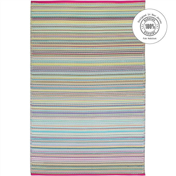 Fab Habitat Outdoor Rug - Waterproof, Fade Resistant, Crease-Free - Premium Recycled Plastic - Striped - Large Patio, Deck, Sunroom, Camping, RV - Cancun - Candy - 6 x 9 ft