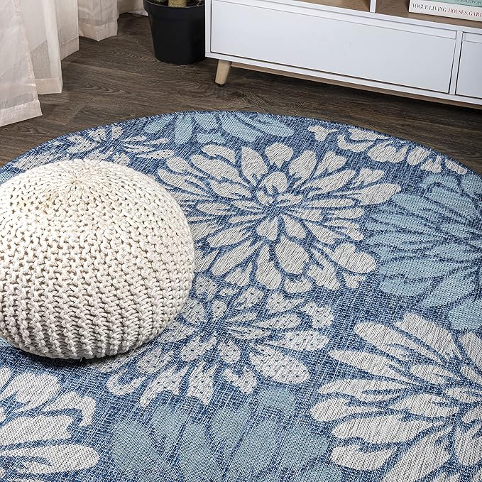 JONATHAN Y Floral Textured Weave Indoor Outdoor Round Area Rug 8 Ft Navy/Aqua, Zinnia Modern for Backyard, Patio, Porch, Easy-Cleaning, High Traffic, Pet-Friendly, Non-Shedding (SMB110C-8R)