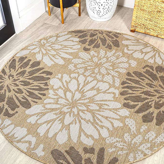 JONATHAN Y Floral Textured Weave Indoor Outdoor Round Area Rug 3 Ft Brown/Cream, Zinnia Modern for Backyard, Patio, Porch, Easy-Cleaning, High Traffic, Pet-Friendly, Non-Shedding (SMB110I-3R)