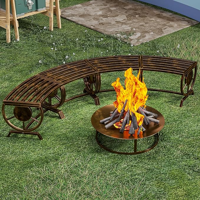 Outdoor Bench Patio Outdoor Garden Bench with Built-in Table, Wagon Wheel Arms, 3 People Outdoor Bench Garden Bench Front Porch Furniture (Bronze-22.83inch-2Pieces)