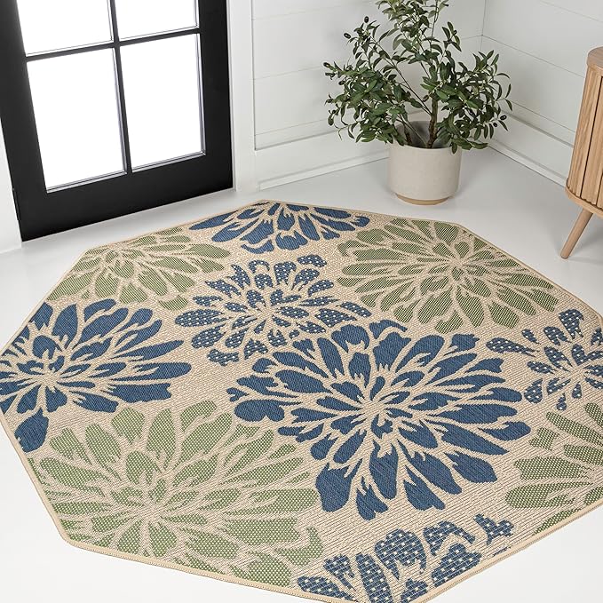 JONATHAN Y Floral Textured Weave Indoor Outdoor Octagon Area Rug 5 Ft Navy/Green, Zinnia Modern for Backyard, Patio, Porch, Easy-Cleaning, High Traffic, Pet-Friendly, Non-Shedding (SMB110B-5TGN)