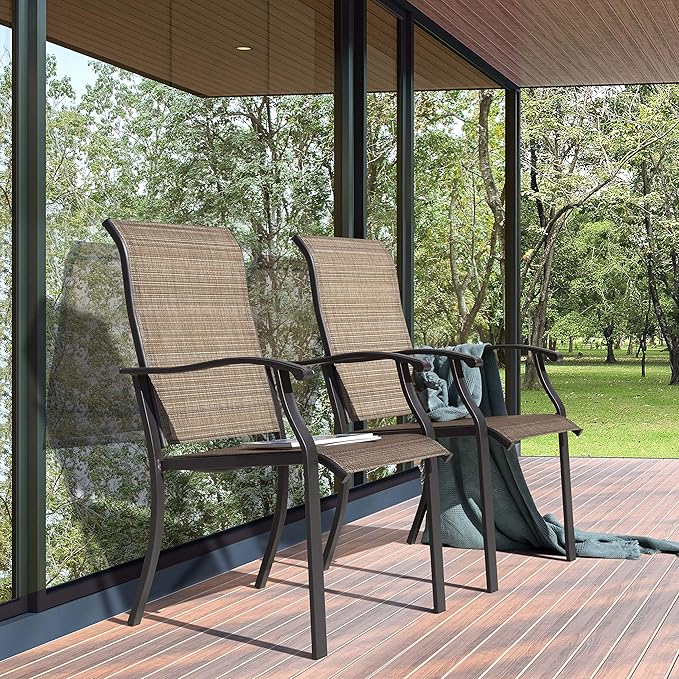 NUU GARDEN 4 Piece Outdoor Patio Dining Chairs, Textilene Dining Chairs with High Back, Patio Furniture Chairs with Armrest, Iron Frame for Lawn Garden Backyard Deck, Black and Brown