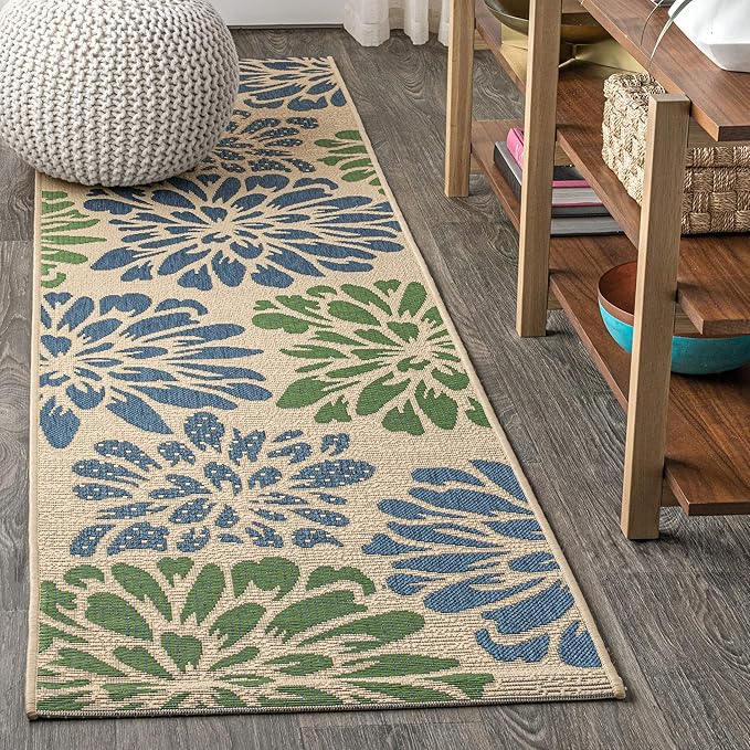 JONATHAN Y Floral Textured Weave Indoor Outdoor Runner Rug 2X14 Navy/Green, Zinnia Modern for Backyard, Patio, Porch, Easy-Cleaning, High Traffic, Pet-Friendly, Non-Shedding (SMB110B-214)
