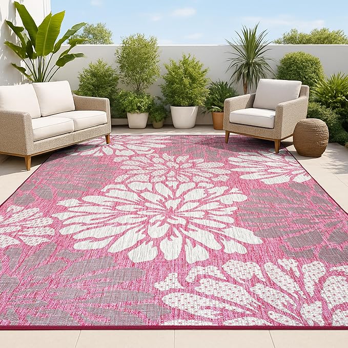 JONATHAN Y Floral Textured Weave Indoor Outdoor Area Rug 4X6 Fuchsia/Light Gray, Zinnia Modern for Backyard, Patio, Porch, Easy-Cleaning, High Traffic, Pet-Friendly, Non-Shedding (SMB110F-4)