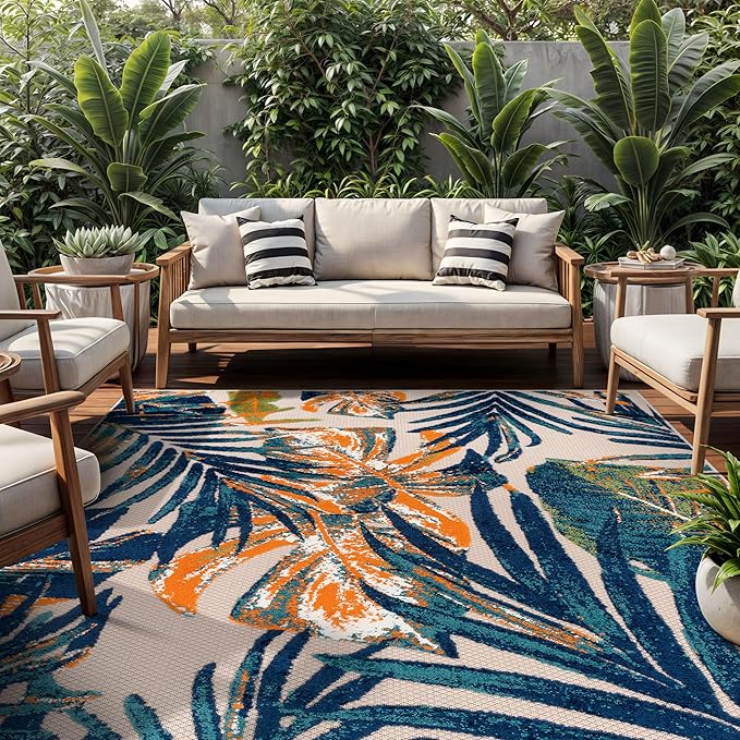 Rugshop Tropical Floral Leaves Indoor/Outdoor Area Rug Durable Polypropylene, Non-Shedding, Easy to Clean, Perfect for Patio, Backyard, Deck and Outdoor Lounge High Traffic Areas, 10' x 14'