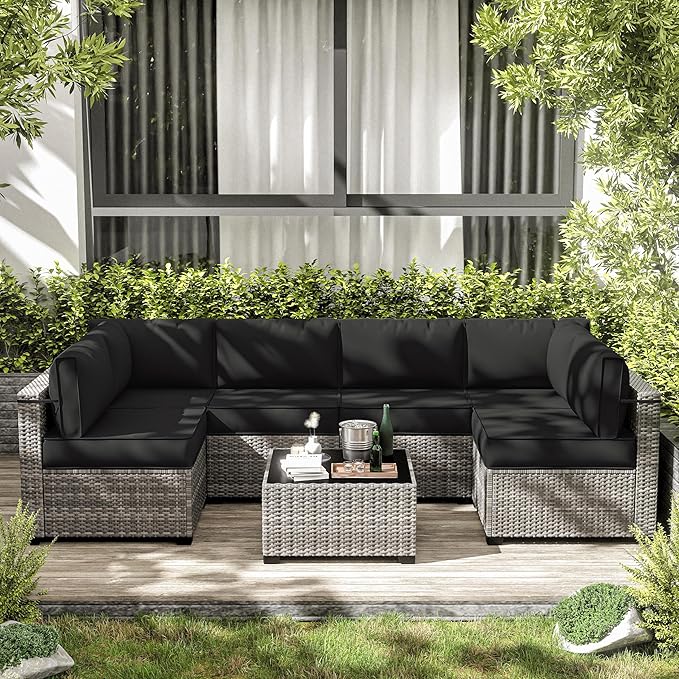 14-Piece Outdoor Cushions for Patio Furniture Thick Outdoor Chair Cushions 5" Foam High-Density Water-Resistant Deep Seat Cushion for 6-Seat Sectional Sets Liner&Cover Black