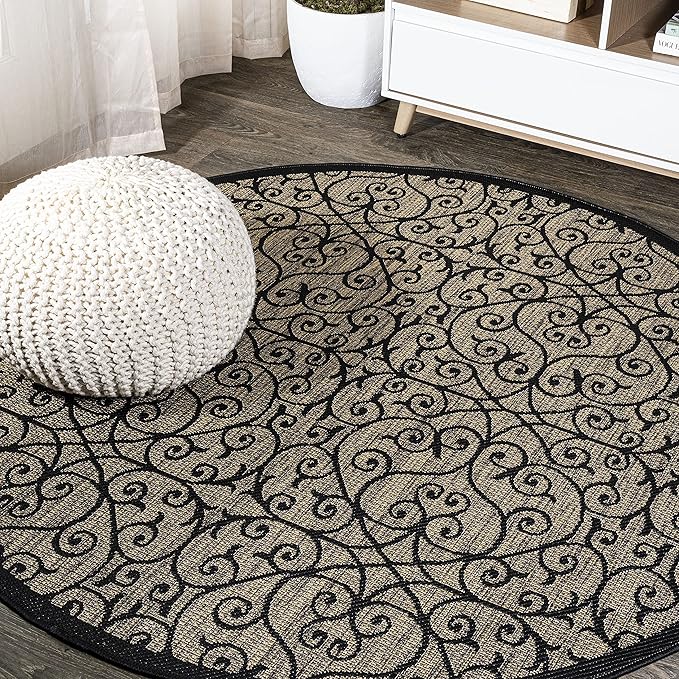 JONATHAN Y Vintage Filigree Indoor Outdoor Round Area Rug 6 Ft Black/Khaki, Madrid Textured Weave for Backyard, Patio, Porch, Easy-Cleaning, High Traffic, Pet-Friendly, Non-Shedding (SMB107A-6R)