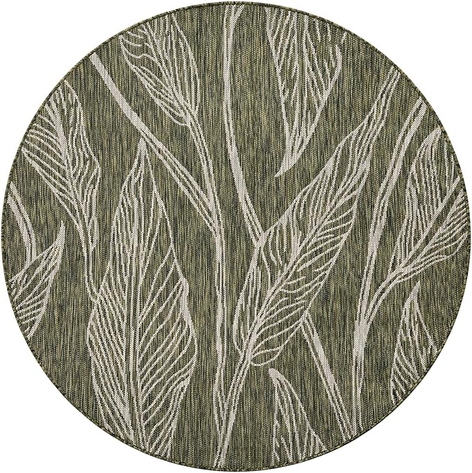 Unique Loom Outdoor Botanical Collection Area Rug - Leaf (5' 3" Round Green/Ivory)