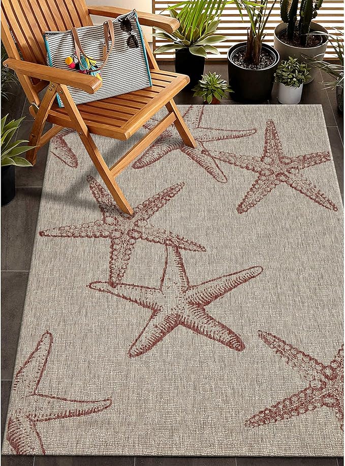 LR Home 8x10Indoor/Outdoor Area Rug for Home Decor | Coastal Starfish Large Size Carpet for Living Room, Bedroom, Playroom, Patio, Garden | Modern Farmhouse Rug | Rust/Biege