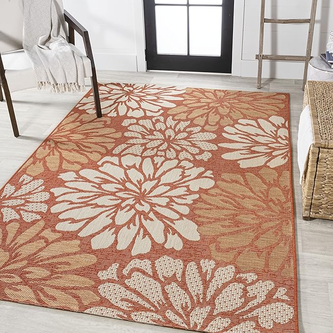 JONATHAN Y Floral Textured Weave Indoor Outdoor Area Rug 9X12 Orange/Cream, Zinnia Modern for Backyard, Patio, Porch, Easy-Cleaning, High Traffic, Pet-Friendly, Non-Shedding (SMB110E-9)