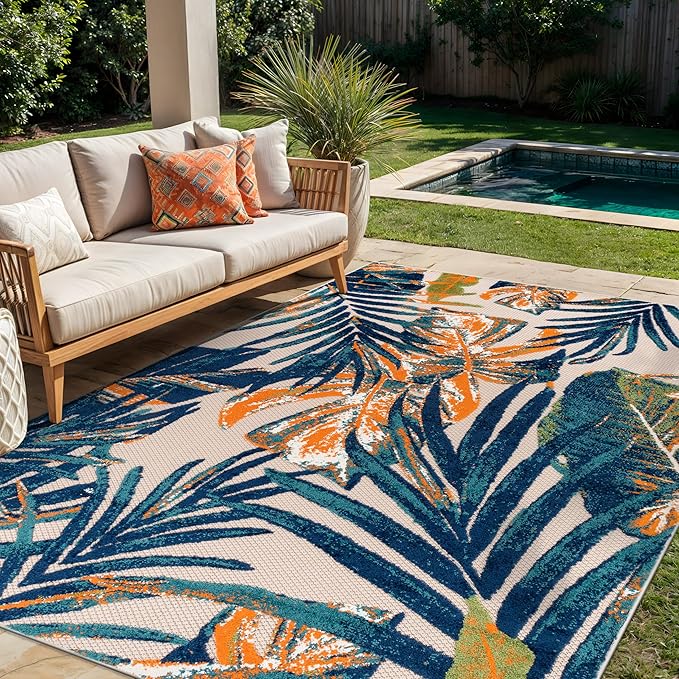 Rugshop Tropical Floral Leaves Indoor/Outdoor Area Rug Durable Polypropylene, Non-Shedding, Easy to Clean, Perfect for Patio, Backyard, Deck and Outdoor Lounge, High Traffic Areas, 6'6" x 9'