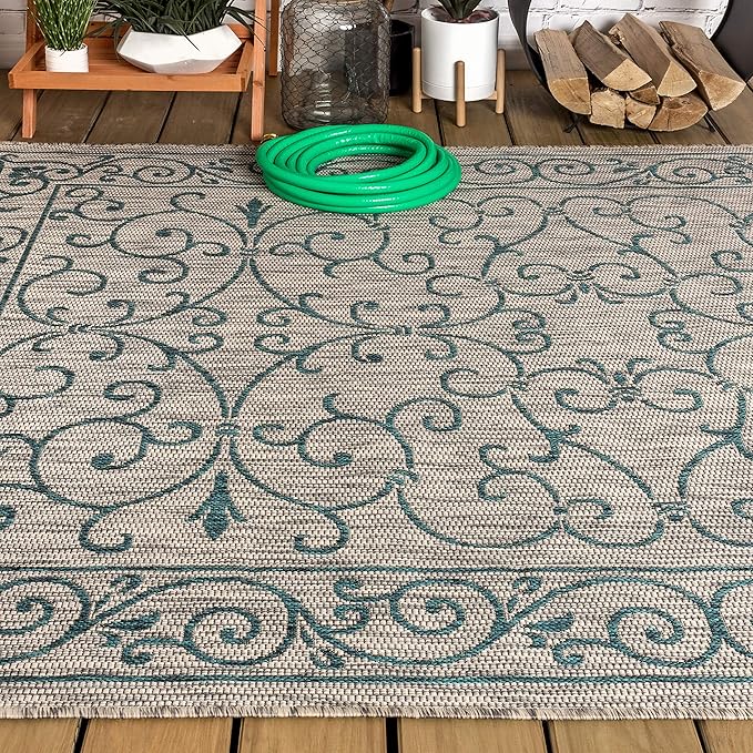 JONATHAN Y Vintage Filigree Indoor Outdoor Area Rug 5X8 Gray/Teal, Charleston Textured Weave for Backyard, Patio, Porch, Easy-Cleaning, High Traffic, Pet-Friendly, Non-Shedding (SMB106E-5)