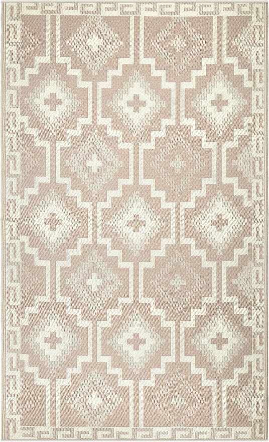 Fab Habitat Boho Vintage Tribal Outdoor Rug - Waterproof, Crease-Free Fade Resistant, Reversible - Recycled Plastic - Patio Porch Balcony Deck Yard Garden - Lhasa Mocha - 5x8 ft