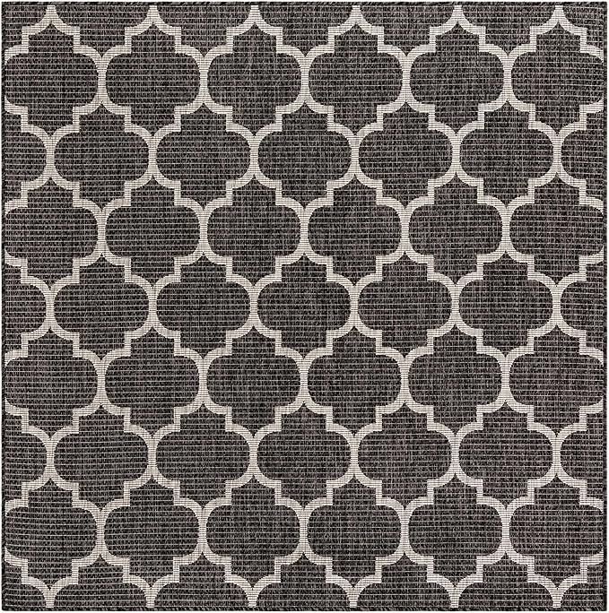 Unique Loom Outdoor Trellis Collection Area Rug (6' 1" Square Black/Ivory)
