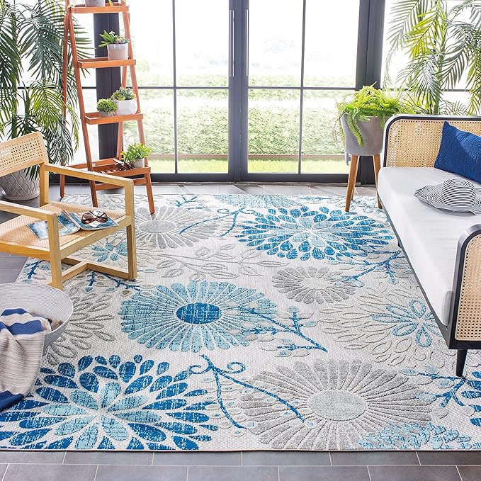 SAFAVIEH Washable Rug Outdoor Cabana Collection - 5'3" Square, Grey & Blue, Non-Shedding & Easy to Clean, Ideal for Patio, Backyard, Mudroom (CBN832F)