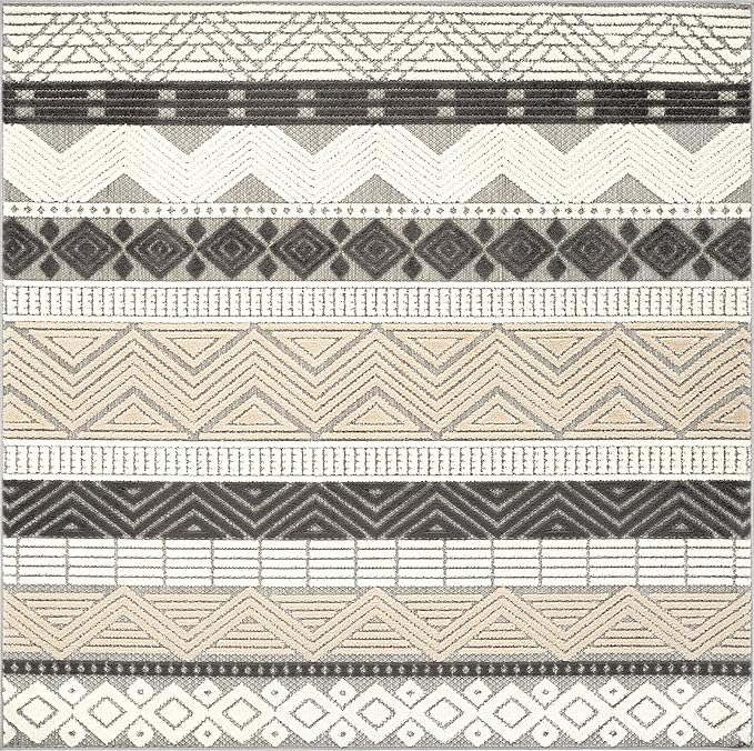 Rugshop Gray Marbella Boho Indoor/Outdoor Square Area Rug, Machine Washable for Patio, Dining Nook and Balcony 6'6" x 6'6" Square