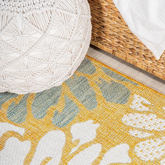 JONATHAN Y Floral Textured Weave Indoor Outdoor Square Area Rug 5X5 Yellow/Cream, Zinnia Modern for Backyard, Patio, Porch, Easy-Cleaning, High Traffic, Pet-Friendly, Non-Shedding (SMB110G-5SQ)