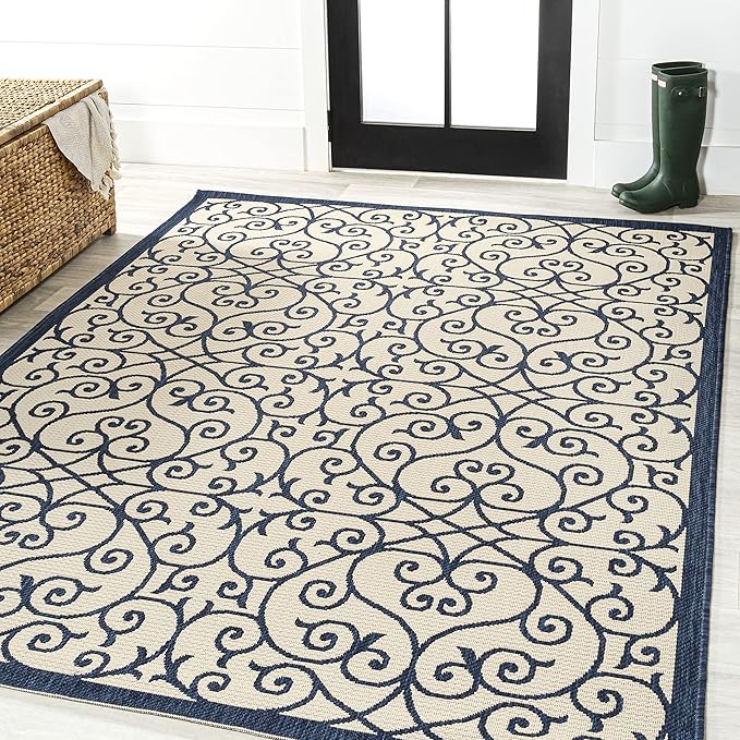 JONATHAN Y Vintage Filigree Indoor Outdoor Area Rug 8X10 Navy/Beige, Madrid Textured Weave for Backyard, Patio, Porch, Easy-Cleaning, High Traffic, Pet-Friendly, Non-Shedding (SMB107G-8)