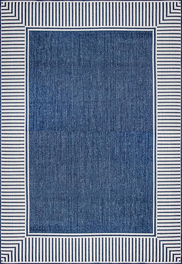 Nuloom Asha Navy/Ivory, 9'6" x 12', Casual, Striped Border, Soft and Cozy, High Traffic, Stain Resistant, Easy Clean, Durable Area Rug for Indoor/Outdoor Patio, Deck, Porch, Garden, Courtyard