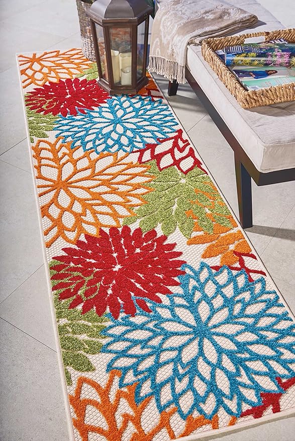 Nourison Home Aloha Indoor/Outdoor Green 2'3'' x 8' Area-Rug, Tropical, Botanical, Easy-Cleaning, Non Shedding, Bed Room, Living Room, Dining Room, Deck, Backyard, Patio (2x8)