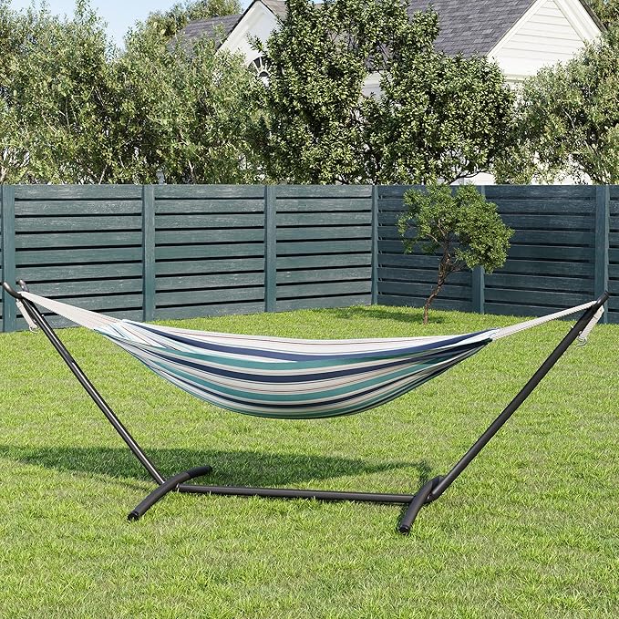 GarveeLife Double 2 Person Hammock, Indoor Outdoor Standing Hammock with Space Saving Steel Stand, Carry Bag, 450 LBS Weight Capacity, Suitable for Garden Camping Beach, Ocean