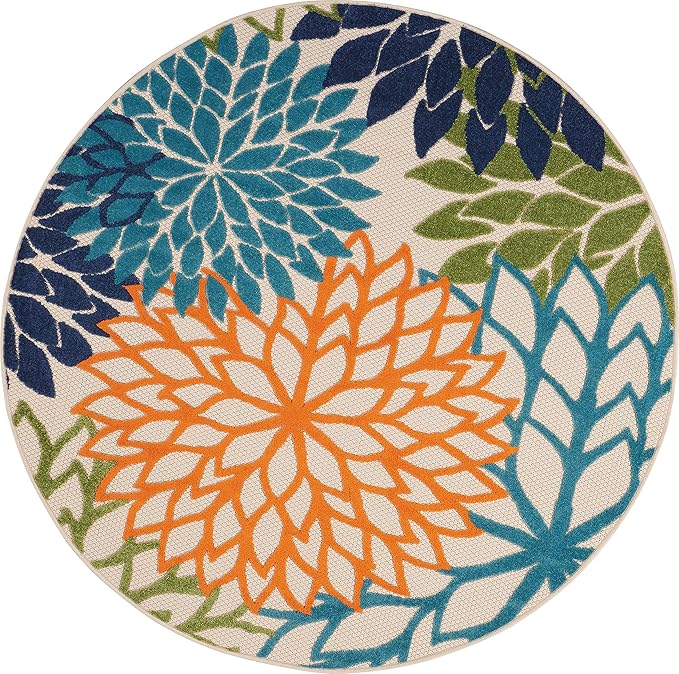 Nourison Home Aloha Indoor/Outdoor Multicolor 5'3'' x Round Area--Rug, Tropical, Botanical, Easy--Cleaning, Non Shedding, Bed Room, Living Room, Dining Room, Deck, Backyard, Patio (5 Round)