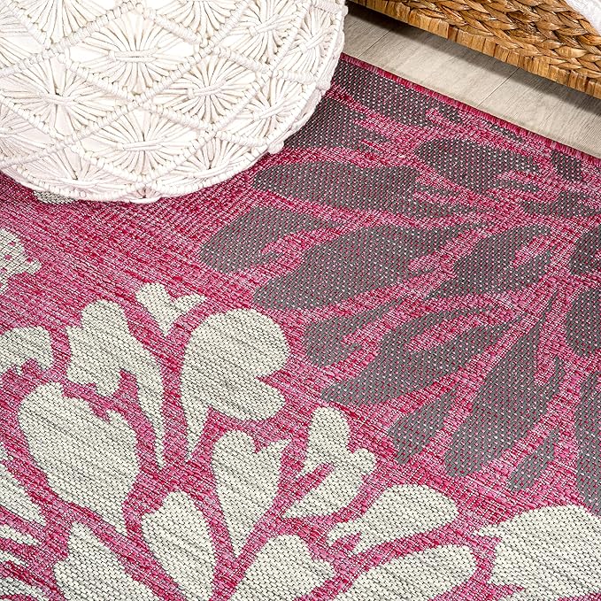 JONATHAN Y Floral Textured Weave Indoor Outdoor Round Area Rug 5 Ft Fuchsia/Light Gray, Zinnia Modern for Backyard, Patio, Porch, Easy-Cleaning, High Traffic, Pet-Friendly, Non-Shedding (SMB110F-5R)