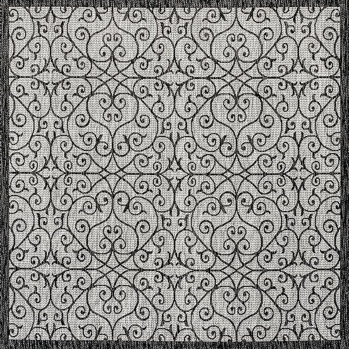 JONATHAN Y Vintage Filigree Indoor Outdoor Square Area Rug 9X9 Light Gray/Black, Madrid Textured Weave for Backyard, Patio, Porch, Easy-Cleaning, High Traffic, Pet-Friendly, Non-Shedding SMB107E-9SQ