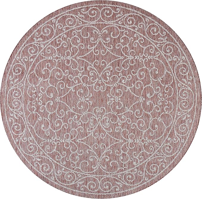 JONATHAN Y Vintage Filigree Indoor Outdoor Round Area Rug 9 Ft Red/Beige, Charleston Textured Weave for Backyard, Patio, Porch, Easy-Cleaning, High Traffic, Pet-Friendly, Non-Shedding (SMB106B-9R)