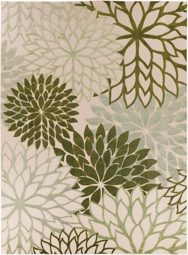 Nourison Home Aloha Indoor-Outdoor Ivory Green 9' x 12' Area Rug, Easy Cleaning, Non Shedding, Bed Room, Living Room, Dining Room, Backyard, Patio, Deck (9x12)