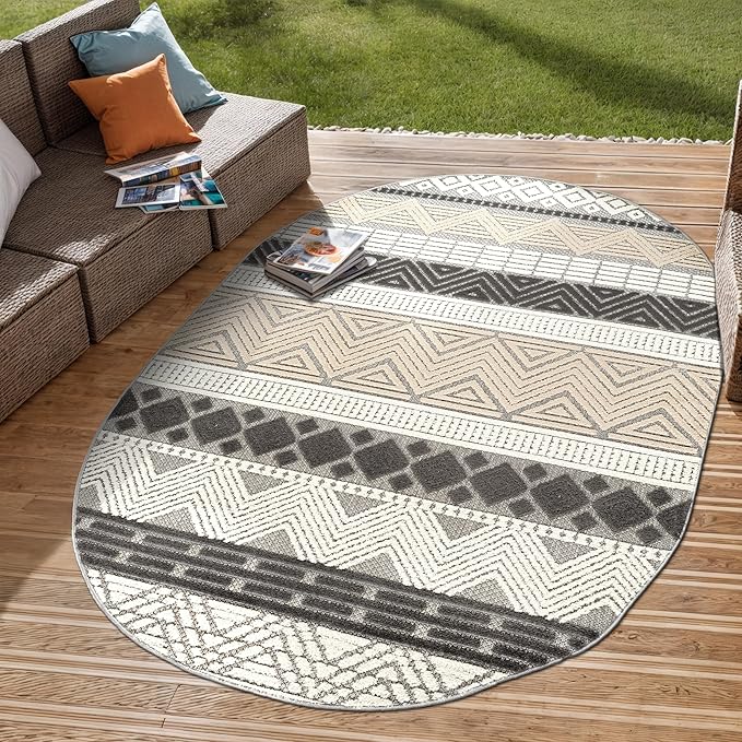 Rugshop Gray Marbella Boho Indoor/Outdoor Oval Area Rug, Machine Washable for Patio, Deck and Living Room 5' x 7' Oval