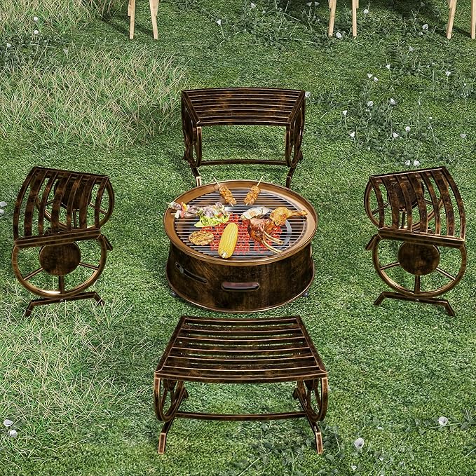 Outdoor Bench Patio Outdoor Garden Bench with Built-in Table, Wagon Wheel Arms, 3 People Outdoor Bench Garden Bench Front Porch Furniture (Bronze-22.83inch-4Pieces)