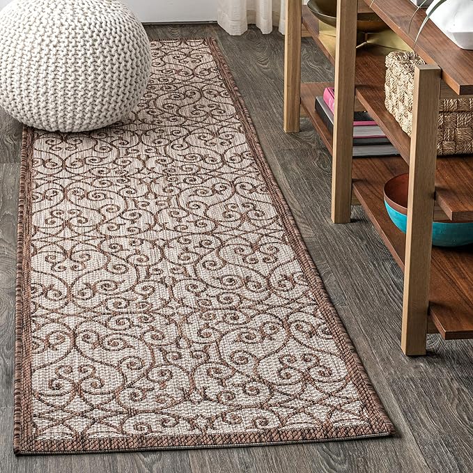 JONATHAN Y Vintage Filigree Indoor Outdoor Runner Rug 2X10 Taupe/Espresso, Madrid Textured Weave for Backyard, Patio, Porch, Easy-Cleaning, High Traffic, Pet-Friendly, Non-Shedding (SMB107C-210)