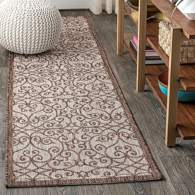 JONATHAN Y Vintage Filigree Indoor Outdoor Runner Rug 2X8 Taupe/Espresso, Madrid Textured Weave for Backyard, Patio, Porch, Easy-Cleaning, High Traffic, Pet-Friendly, Non-Shedding (SMB107C-28)