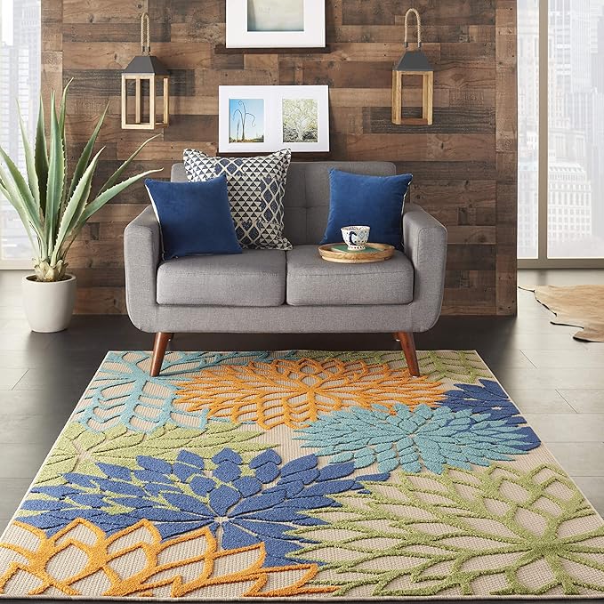 Nourison Home Aloha Indoor/Outdoor Multicolor 5'3" x 7'5" Area Rug, Tropical, Botanical, Easy Clean, Non Shedding, Bed Room, Living Room, Dining Room, Deck, Backyard, Patio (5x7)