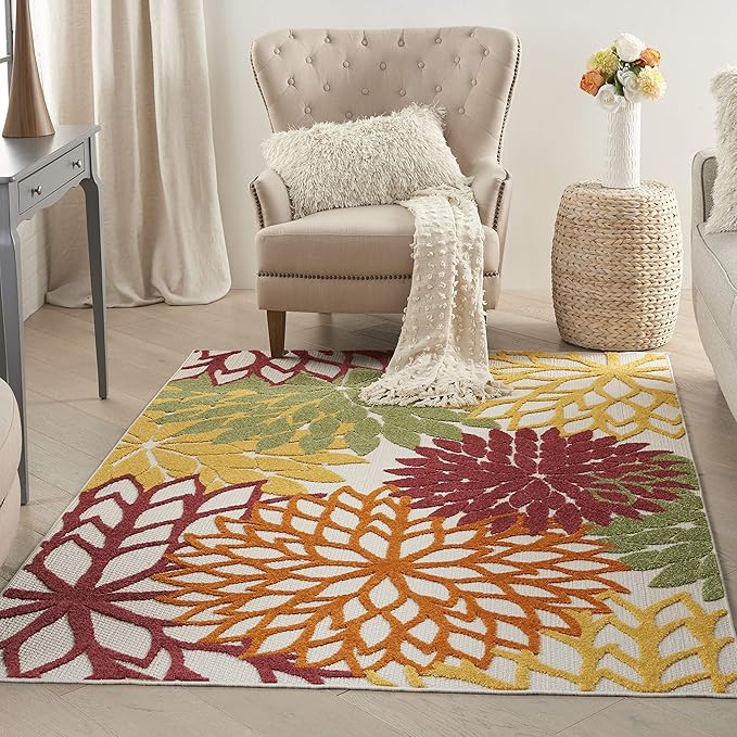 Nourison Home Aloha Indoor/Outdoor Red Multi Colored 5'3" x 7'5" Area Rug, Tropical, Botanical, Easy Cleaning, Non Shedding, Bed Room, Living Room, Dining Room, Deck, Backyard, Patio (5x7)