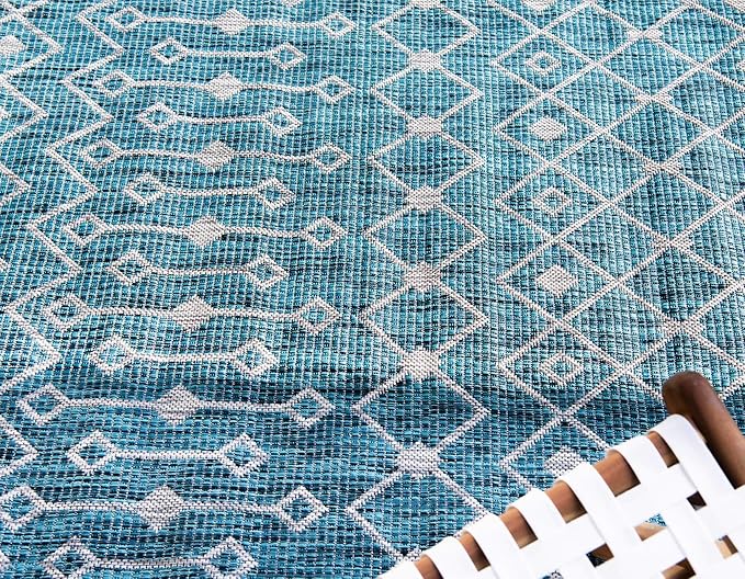 Unique Loom Outdoor Trellis Collection Area Rug - Tribal Trellis (5' 1" x 8' Rectangle, Teal/ Ivory)