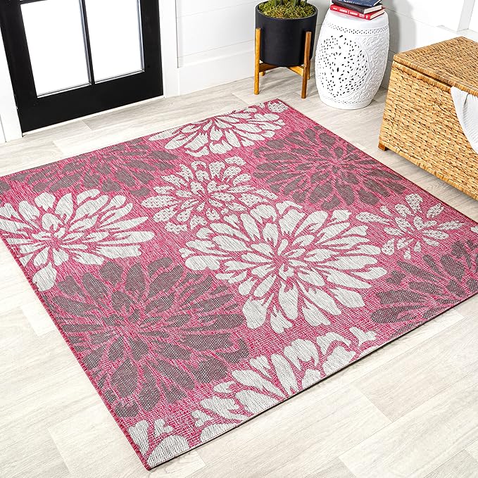 JONATHAN Y Floral Textured Weave Indoor Outdoor Square Area Rug 5X5 Fuchsia/Light Gray, Zinnia Modern for Backyard, Patio, Porch, Easy-Cleaning, High Traffic, Pet-Friendly, Non-Shedding (SMB110F-5SQ)