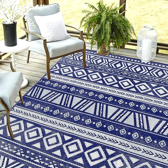 Utopia Home Waterproof Outdoor Rug for Patio 9 x 12 ft, Reversible Plastic Straw Mat for Camping, Picnics, Balcony, Patio, Aztec - Navy & White