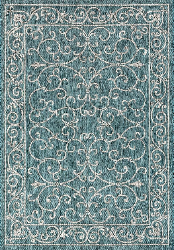 JONATHAN Y Vintage Filigree Indoor Outdoor Area Rug 6X9 Teal/Gray, Charleston Textured Weave for Backyard, Patio, Porch, Easy-Cleaning, High Traffic, Pet-Friendly, Non-Shedding (SMB106F-6)