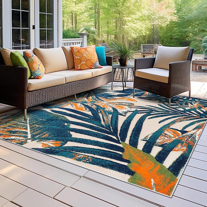 Rugshop Tropical Floral Leaves Indoor/Outdoor Area Rug Durable Polypropylene, Non-Shedding, Easy to Clean, Perfect for Patio, Backyard, Deck and Outdoor Lounge, High Traffic Areas, 6'6" x 6'6" Square