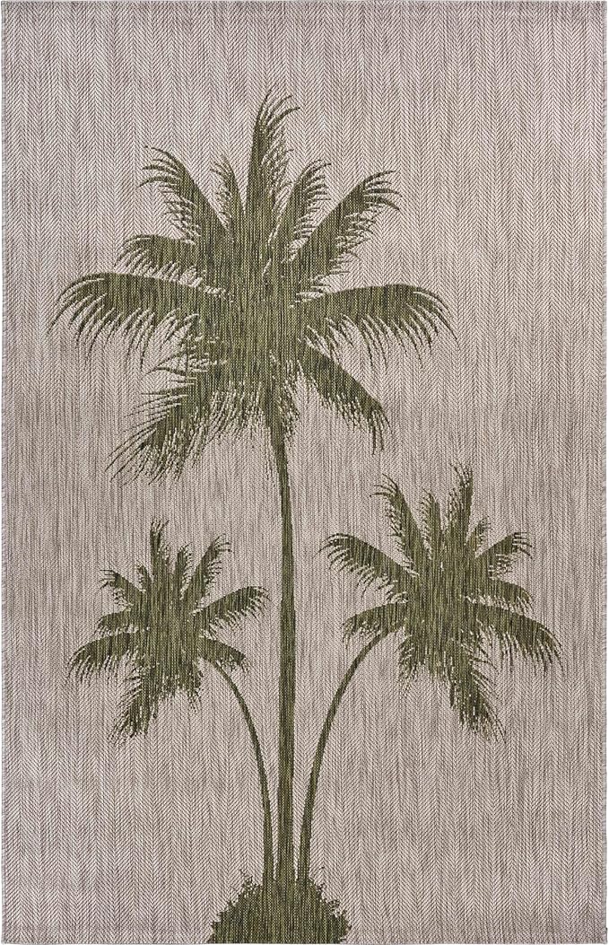 LR Home 8x10 Indoor/Outdoor Area Rug for Home Decor | Coastal Palm Tree Large Size Carpet for Living Room, Bedroom, Playroom, Patio, Garden | Modern Farmhouse Rug | Beige/Dark Green