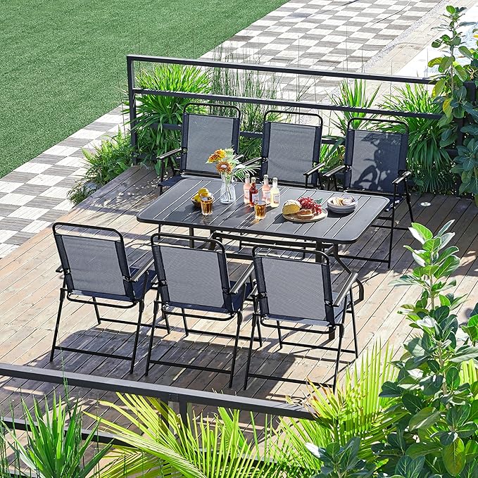 Yaheetech Outdoor Patio Chairs Set of 4, Folding Patio Chairs for Outside with Metal Frame, Armrests, Portable Dining Chairs for Camping, Lawn, Garden and Porch, Navy Blue