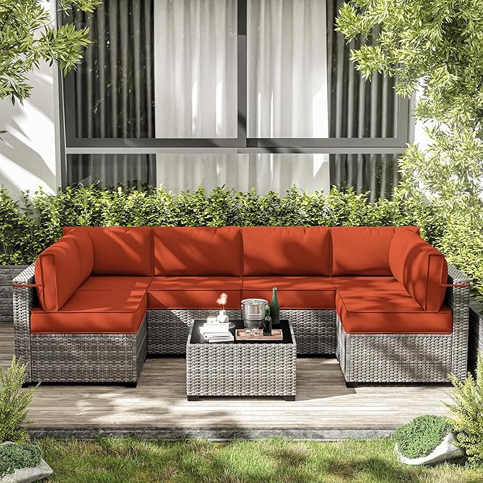 14-Piece Outdoor Cushions for Patio Furniture Thick Outdoor Chair Cushions 5" Foam High-Density Water-Resistant Deep Seat Cushion for 6-Seat Sectional Sets Liner&Cover Orange
