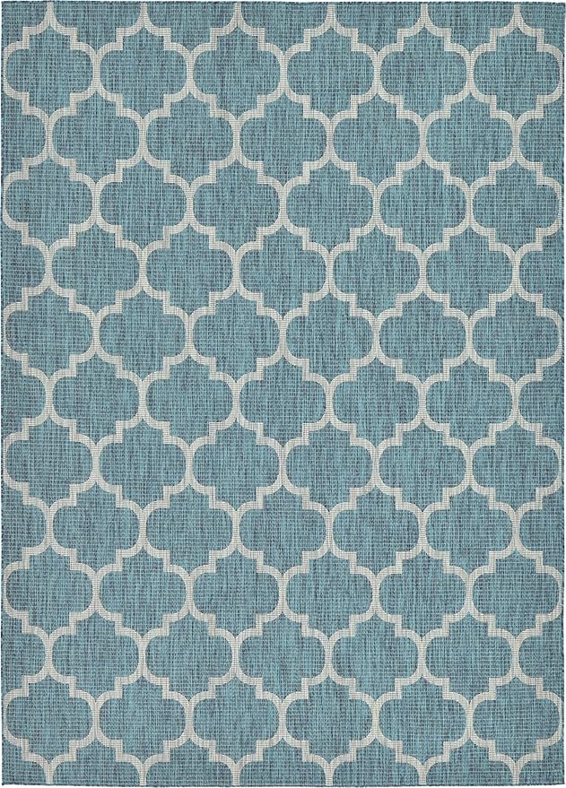 Unique Loom Outdoor Trellis Collection Area Rug (8' x 11' 4" Rectangle, Teal/ Gray)