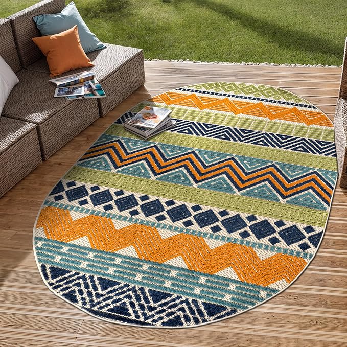 Rugshop Multi Marbella Boho Indoor/Outdoor Oval Area Rug, Machine Washable for Patio, Deck and Living Room 5' x 7' Oval