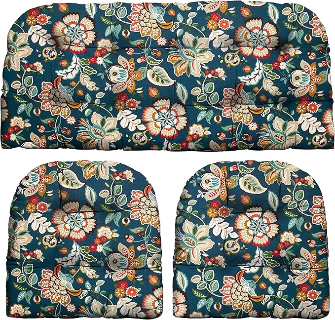 RSH DECOR: 3-Piece Wicker Tufted Cushion Set | for Large Wicker Sets | Outdoor Loveseat & U-Shaped Seat Cushions | Water & Fade-Resistant Spun Fabric | Telfair Peacock Blue - Made in USA